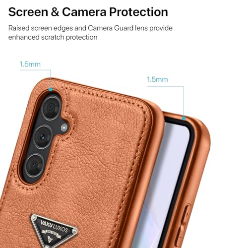 Image of Vaku Luxos Nyxen Back Cover Case for Samsung Galaxy A35 5G Premium Leather Stitched Soft Shockproof Protective TPU Phone Case Camera Screen Protector- Brown