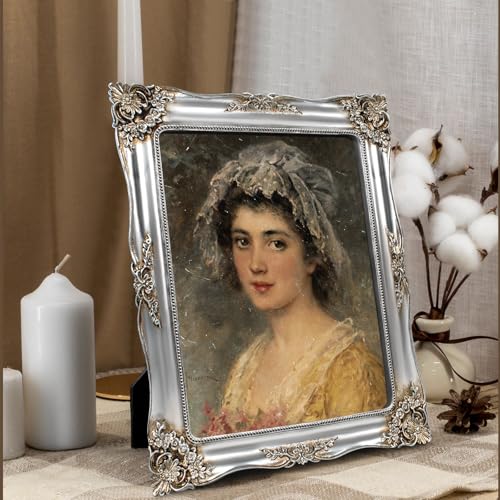 Image of Silver Picture Frame 8x10 Victorian Picture Frames Vintage Gothic | Wall or Tabletop Display, Real Glass, Fits 8x10 or 5x7 Photo with Mat