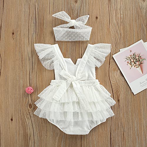 Image of Newborn Baby Girl Romper Lace Tutu Dress Bodysuit Ruffle Sleeveless Jumpsuit with Headband Summer Outfits