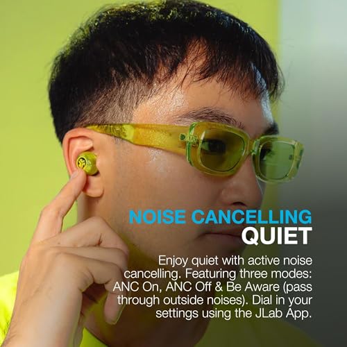 Image of JLab Go Pop ANC Active Noise Cancelling Earbuds, Bluetooth Earphones, 24+ Hr Playtime Wireless Headphones, IP55 Sweat-Resistant in Ear Buds with Microphone, Multipoint, Transparent Neon Green