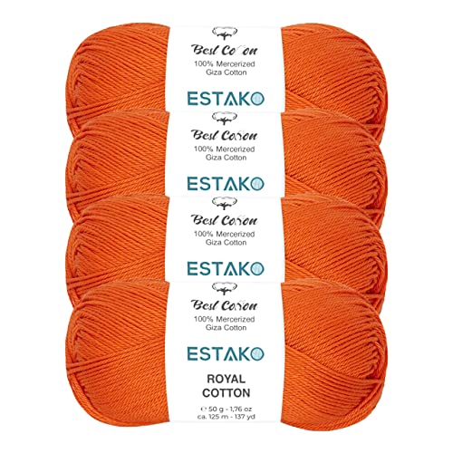 Image of Estako Royal Cotton, (4 Skeins Pack) 100% Mercerized Giza Cotton Yarn, Soft, Super Fino for Crochet and Knitting (4 x 1.76 Oz) / (4 x 137 Yrds) (5065 - Orange)