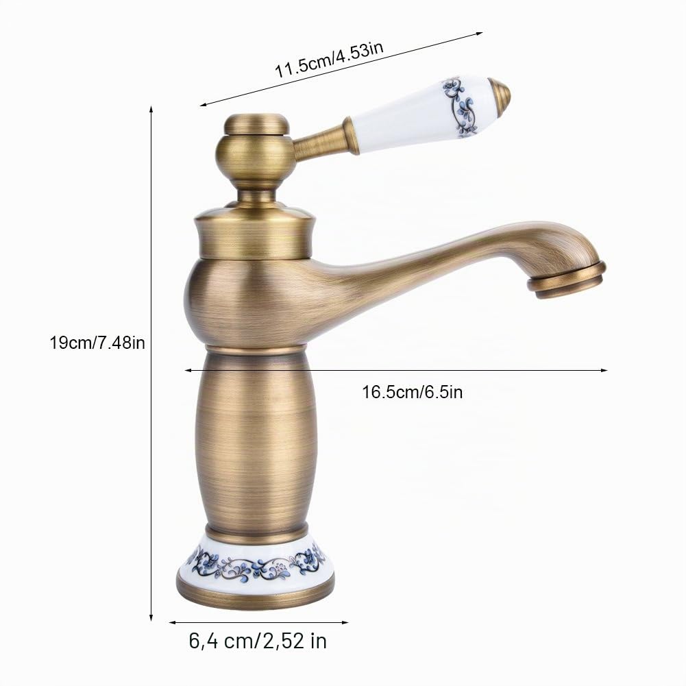 Grifo monomando de agua fría y caliente de latón con estampado floral para lavabo de cocina, baño (antiguo)