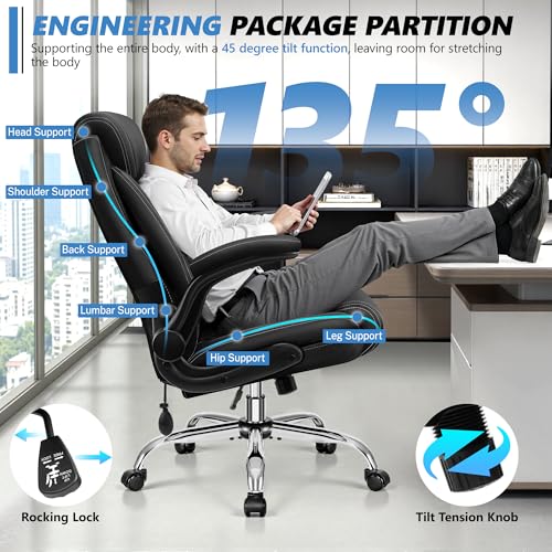Image of BestGlory Executive Office Chair with Lumbar Support, Big and Tall Ergonomic Computer Desk Chair, Leather Comfy High Back Gaming Chair with Flip Up Arms & Rocking Function for Home Office, Black