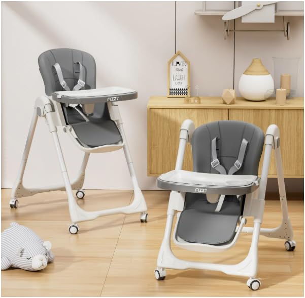 Image of Baby High Chair, Foldable with 5-Point Harness, Adjustable Recline, Removable Tray and Wheels, Grey