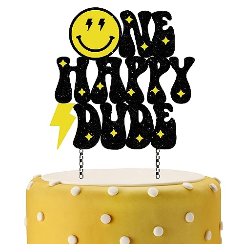 Glitter One Happy Dude Cake Topper, Smiley Face One Cake Topper, 1st Birthday Cake Topper One Happy Dude Decorations Great for Boy Girl One Happy Dude/One Year Old/One Cool Dude 1st Birthday