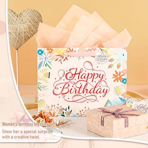 Image of Powbrace 13 inch White Happy Birthday Gift Bag with Tissue Paper and Greeting Card for Patry, Happy Birthday Gift Bag for Men Women,Gift Bags Medium size(1 PCS Flower Gifts Bag)