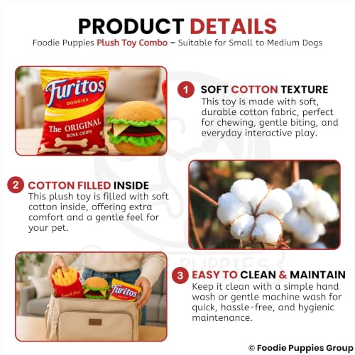 Image of Foodie Puppies 3-in-1 Squeaky Plush Dog Toy Combo (Chips, Burger & French Fries) for Small to Medium Dogs | Durable Bite-Resistant Chew Toys with Crinkle Sound | Soft & Safe for Teething