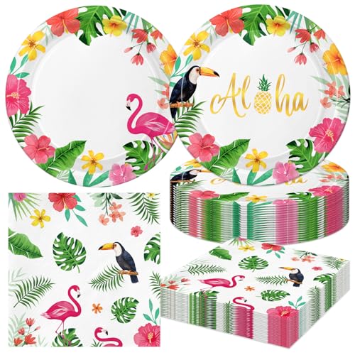 40Pcs Hawaiian Flamingo Birthday Party Plates and Napkins for 20 Guests Tableware Beach Summer Holiday Flamingo for Tropical Luau Hawaiian Birthday Party Decorations