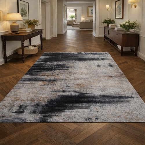 Générique Tapis Carré,Abstrait Noir, Gris, Marron, 120 x 120 cm, Lavable Tapis pour Chambre Salon Cuisine Bureau Protection du Sol,Facile à Nettoyer,
