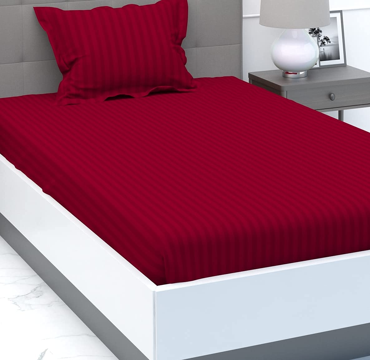 Purav Light Microfiber Flat Single Bed Bedsheet| Plain Striped Cotton Bedsheet with 1 Pillow Cover for Queen Size Bed| Supersoft 340 TC| Breathable| Wrinklefree| (Size: 60x90 inch, Maroon Color) 1