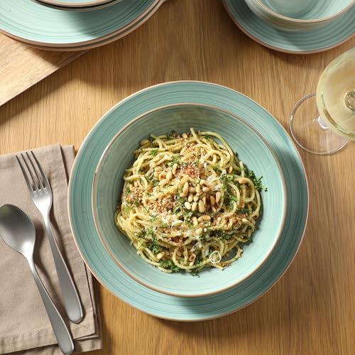 Image of Gibson Home Stonebury 16 Piece Plates and Bowls Teal Dishes - Handpainted Stoneware Dinnerware Set - Service for 4