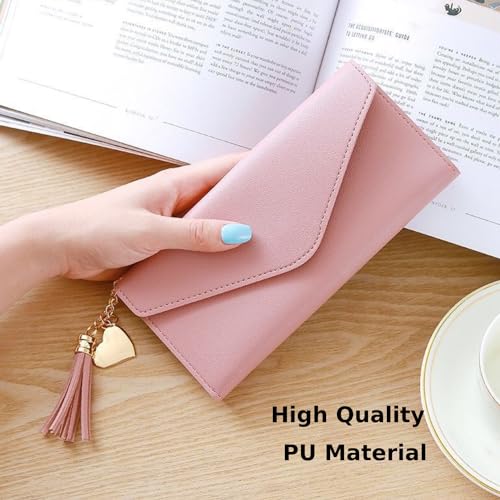 Stylish Leather Envelope Card Wallet with Tassel Chain Long Wallet for Women,Pink3