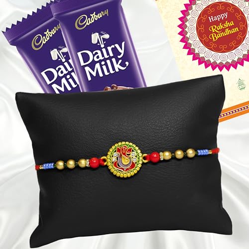 Image of Canton Rakhii Gift for Brother with Chocolate - Designer Rakhi for Brother with Cadbury Gift Hamper Pack, Roli Kumkum & Greeting Card (Design-9, 1 Rakhi + Cadbury)