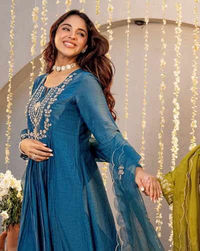 Image of Nermosa Women Embroidery Solid A-Line Kurta and Pant Set with Dupatta