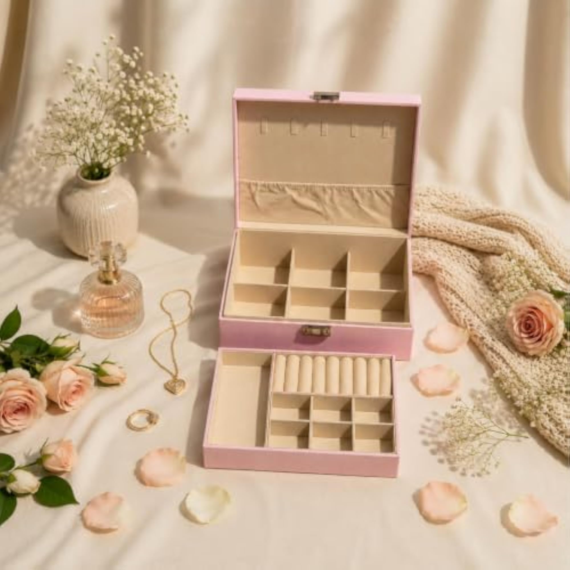 Velvet Jewellery Organiser Box with Lock & Key, Pink
