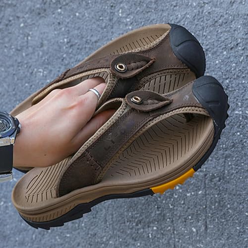 MILDSEVEN Handmade Men's Large Size Hiking Sandals, Fashion Real Leather Closed Toe Slippers, Outdoor Breathable Backpacking Beach Shoes,8.5,Dark Brown2