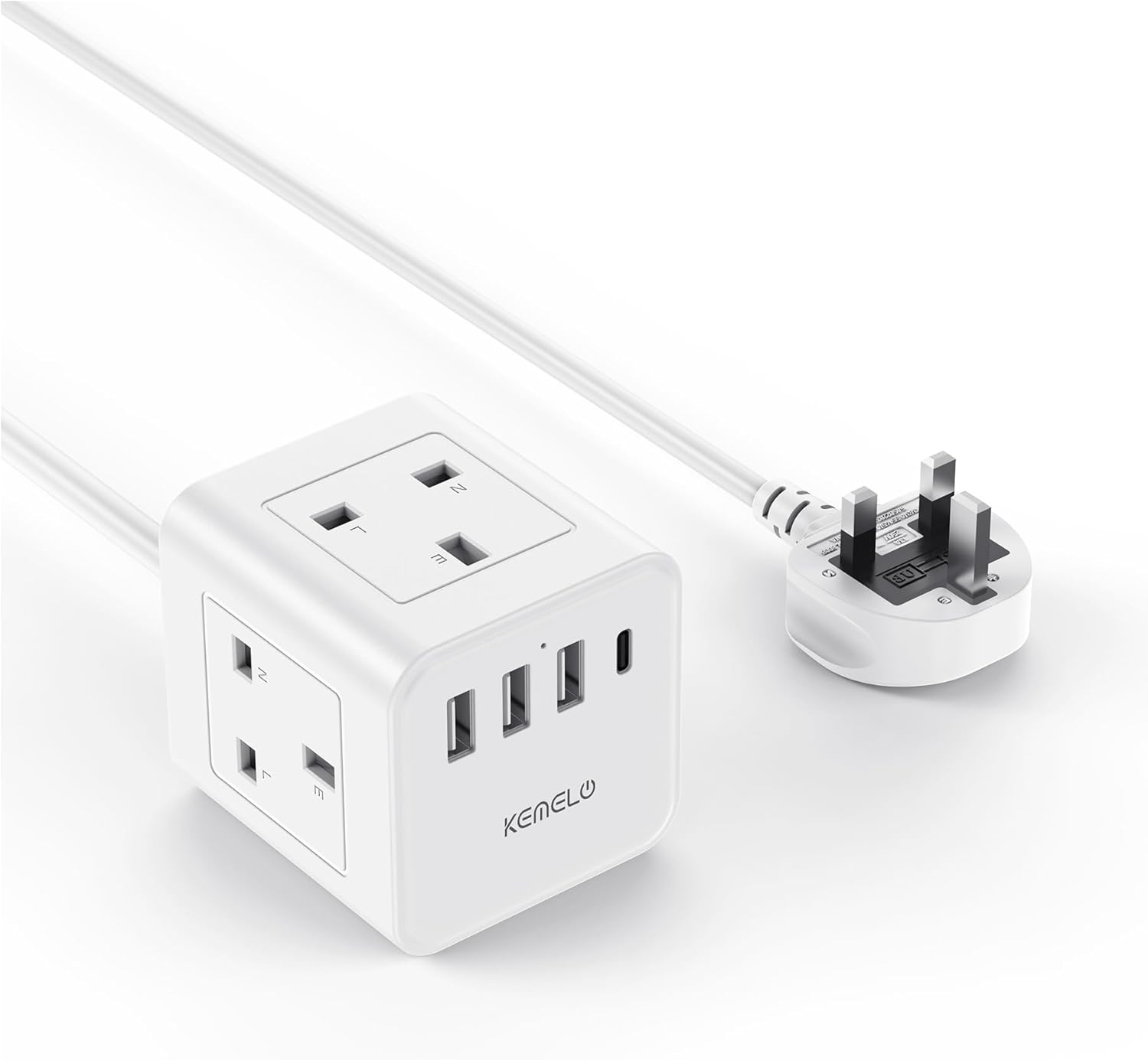 Cube Extension Lead with 4 USB Slots, Kemelo 4 Way (13A/3250W) Multi