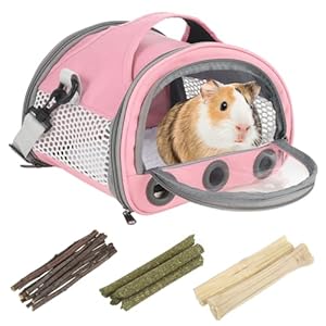 Small Pet Carrier, Portable Guinea Pig Carrier Travel Carrier Bag Cage with Chew Toys Natural Chew Sticks for Hamster, Squirrel, Rabbit, Bunny, Hedgehog, Bird, Rat, and Other Small Animals