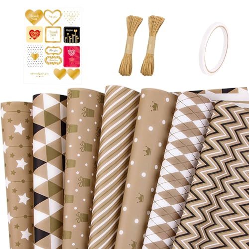 GmeDhc Papel de Regalo Kraft Vintage, 7 Piezas Rollo Papel Kraft Decorado, 50x70cm Papel Para Envolver Regalos, Papel Regalo...