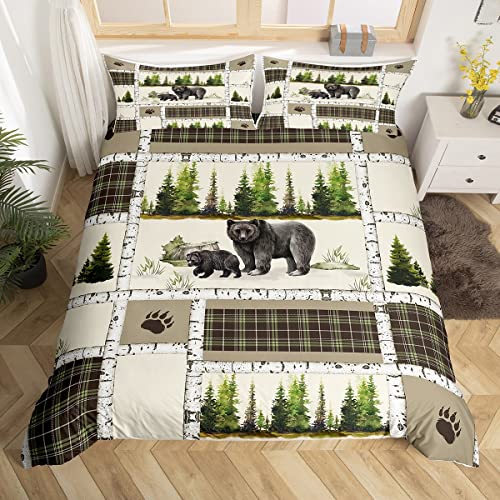 Erosebridal Bear Duvet Cover Rustic Hunting Animal Bedding Set Queen Farmhouse Jungle Comforter Cover Plaid Lattice Patchwork Quilt Cover With 2 Pillow Shams Cabin Gift Bedroom Decor #TOP5