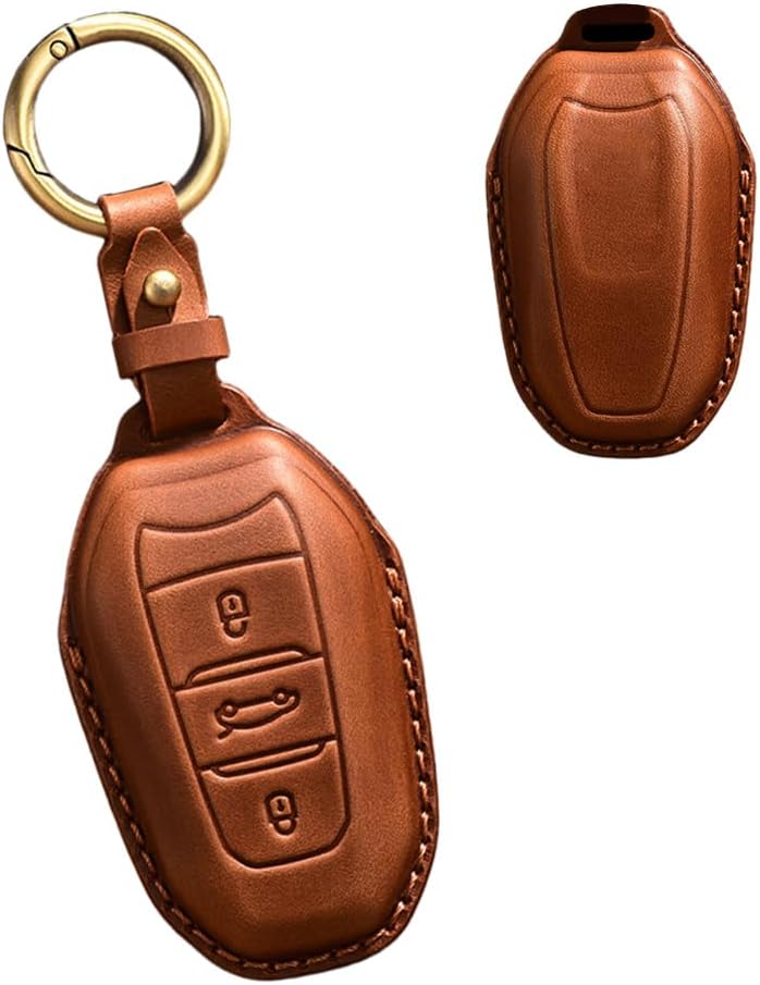 HIBEYO Leather Key Fob Cover for Peugeot 308 408 508 2008 3008 4008 5008 for Citroen C4 C6 C3-XR Key Accessories with Keychains 3 Button Car Key Case Cover Protector-Brown