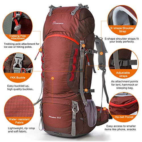 Mountaintop 80L Internal Frame Hiking Backpack For Man & Women Backpacking With Rain Cover Maroon #TOP2