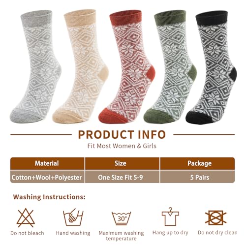 Image of Womens Socks 5 Pairs Wool Warm Cotton Thick Vintage Socks Gifts For Women