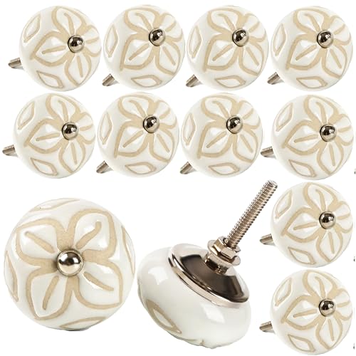 Alpha Living Home - Set of 12 Off-White Ceramic Cabinet Knobs – Decorative Drawer Pulls for Kitchen Cabinets