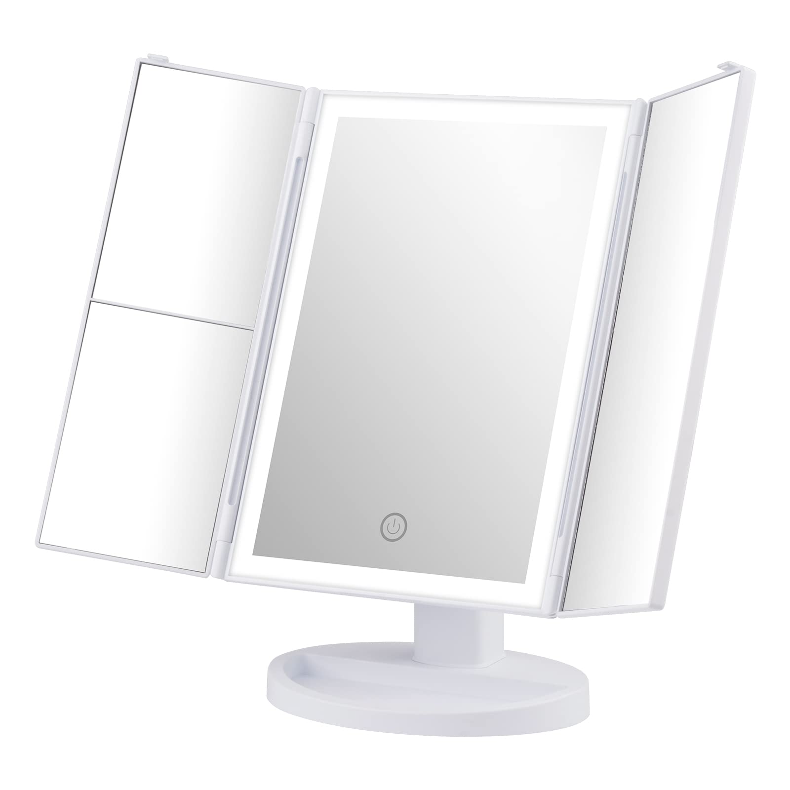 GRIFEMA, GF1001W Espejo Maquillaje con Luz, Espejo de Vanidad LED Triple con Aumento 1X/2X/3X Espejo de Vanidad, Rotación Ajustable 180°, Interruptor Táctil,Fuente de Alimentación Dual, Blanco