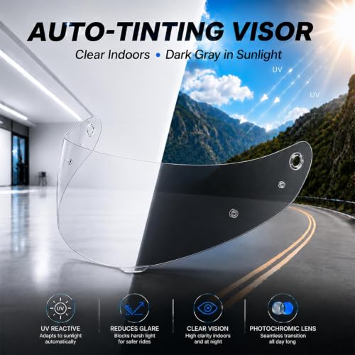 Image of PSLER Photochromic Shatterproof Helmet Visor for HJ17,C90,C91 | Impact-Resistant ,UV400 Protection, Motorcycle Tinted Face Shield for HJ17,C90,C91,CL-MAX 2, IS-MAX BT, SY-MAX 3, IS-MAX 2