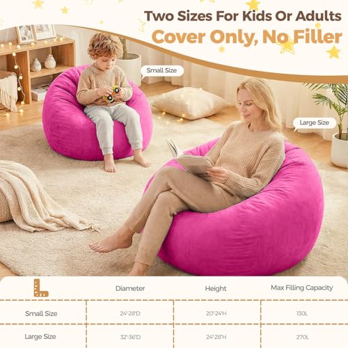 Image of Stuffed Animal Storage Bean Bag Chair Cover for Kids (No Filler), Soft Comfy Velvet Beanbag Chair Cover Machine Washable, Kids Bean Bag Chair with Handle for Living Room Bedroom Dorm, Hot Pink