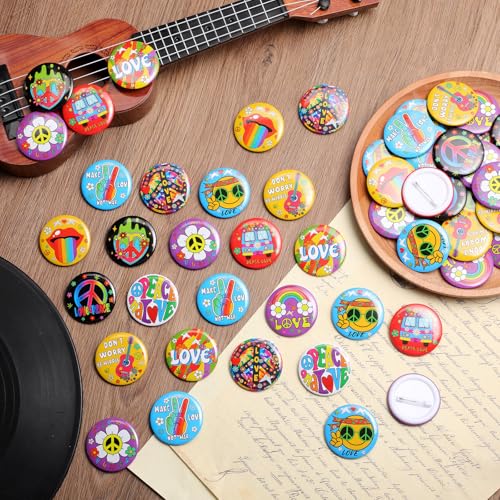 Image of Yinkin 1.7 in 60's Hippie Button Pins Bulk for Decorating Backpack Bags Hats Jean Hippie Party Favors Accessories 12 Style