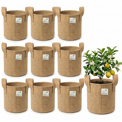 Image of 400 GSM Geo Fabric Round Grow Bags 12x12 Inch with Handle, Camel Color Planting Bags for Terrace and Kitchen Gardening Pack of 10