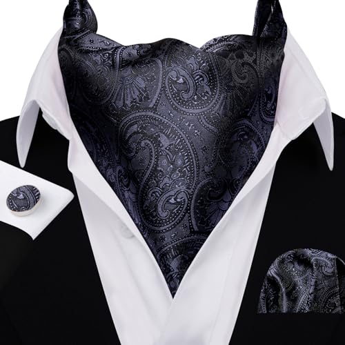 Image of Barry.Wang Ascot Ties Cravat Tie Men Paisley Plaid Scarf Self Tie Pocket Square Cufflinks Set Wedding Party