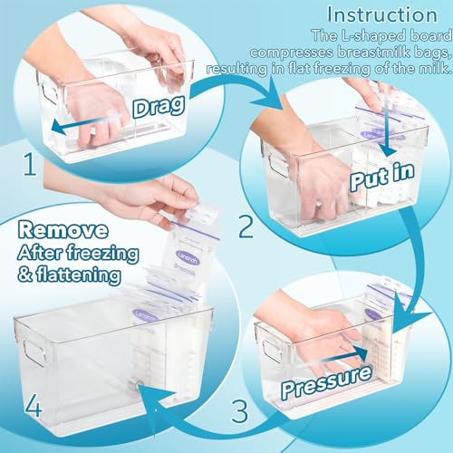 Ugotfeels Breastmilk Storage Bag Container for Freezer with Sliding Pusher Divider Flatten Breast Milk Bags in Organizer Bins as Breastmilk Baggies Dispenser |Save Fridge Space| 2-Pack, Clear