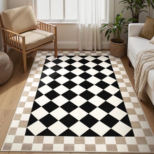 Morebes 4x6 Checkered Rug for Living Room, Black Washable Bedroom