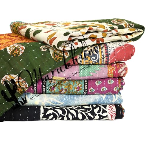 Marubhumi Vintage Kantha Quilt – Handmade Reversible Cotton Throw Blanket with Assorted Patchwork | Boho-Style Decorative Bedding for Sofa, Couch, Bed & Picnic | 1 Pc