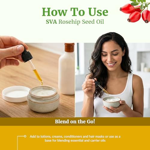 Image of SVA Organic Rosehip Seed Oil, Glass Bottle with Dropper, 4 Fl Oz (118 ml) | Rosehip Seed Oil for Face Care, Skin Care, Facial Oil, Body Massage, Hair Care, Scalp Massage, Nail Care & DIY Beauty Blends