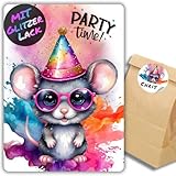 celebr8te 12x Party Maus Glitzer Einladungskarten - Teenager Kindergeburtstag Jungen & Mädchen - coole Tier Geburtstagseinladungen +12 Sticker +12 Geschenktüten