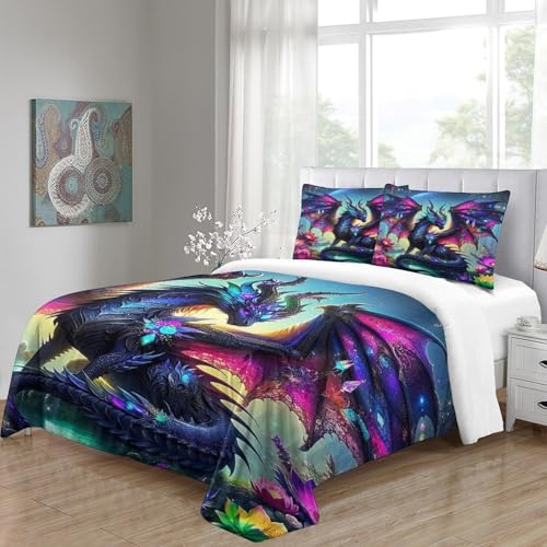 Housse de couette dragon avec fermeture éclair cachée et parure microfibre 3D
