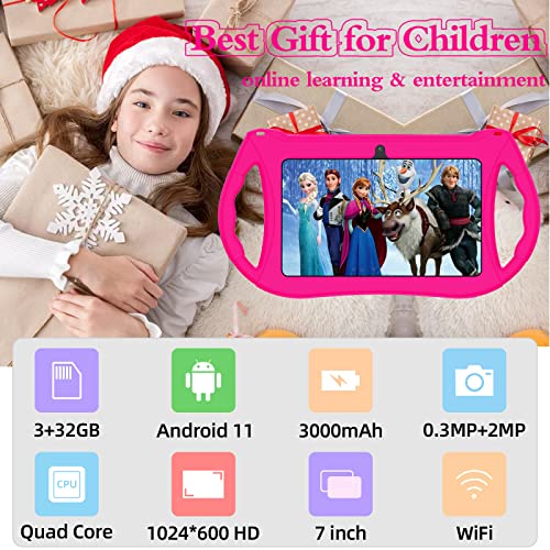 Kids Tablet, 7 Inch Tablet For Kids 3Gb Ram 32Gb Rom, Android 11 Toddler Tablet With Wifi, Bluetooth, Gms, Dual Camera, Parental Control, Shockproof Case, Google Play For Youtube, Netflix(Pink) #TOP3