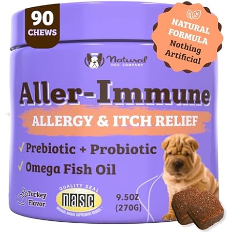 Natural Dog Company Aller-Immune Chews (90 Pieces), Turkey Flavor, Canine-Specific Probiotics, Allergy Immune Supplement for Dogs, Boosts Immune System, Antioxidant, Itch Relief for Dogs Cover