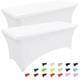 Smiry 2 Pack Spandex Table Cloth 6FT, Elastic Fitted Stretch Tablecloths, Washable and Wrinkle Free Rectangular Patio Table Cover for Outdoor, Wedding, Banquet & Parties (White, 72Lx30Wx30H Inch)