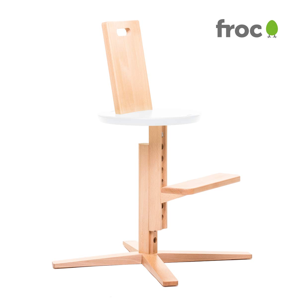 Peak Baby High Chair by Froc - FSC Wood, Safety Rail, 5-Point Harness, Natural Beech Wood with White Seat - Adjustable Design for Babies to Kids - European Craftsmanship