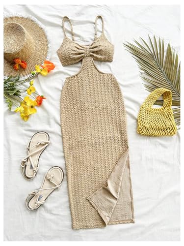 Image of SHENHE Women's Vacation Sexy Cutout Waist Split Camisole Textured Bodycon Summer Dress Apricot Large