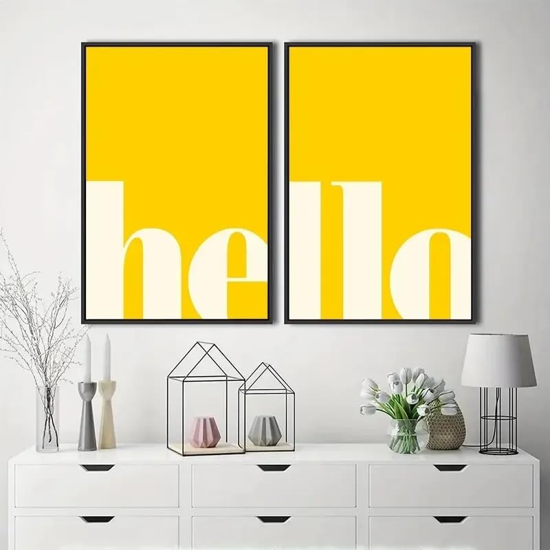 LMAIWANG 2er-Set gelbe Buchstaben „Hallo“ Leinwanddruck Willkommen Pädagogische Kinderzimmer Wandbild Poster für moderne Heimdekoration (80x120cmx2/Rahmenlos)