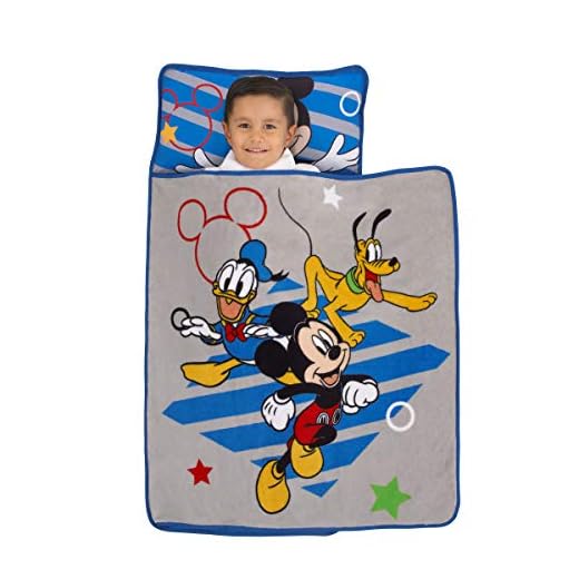 Disney Mickey Mouse Clubhouse Buddies Padded Toddler Nap Mat with Built in Pillow, Fleece Blanket, & Name Label for Daycare, Kindergarten or Travel, Grey, Blue, Yellow, Red