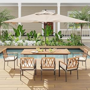 Tangkula 865 Inch Patio Dining Table Indoor Outdoor Dining Table wAcacia Wood Tabletop Metal Legs Rectangular Wood Table wUmbrella Hole for Patio Yard Deck for 8 People Rectangle 865 L