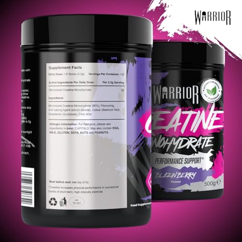 Warrior Creatin Monohydrat Pulver 500 g, Kreatin Vegan – Blazin Berry 3 g pro Portion, 150 Portionen, mikronisiert, angenehmer Geschmack… – Ansicht 3