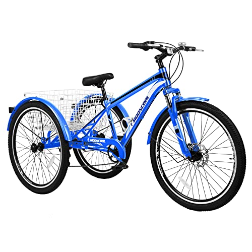 Triciclo, Triciclo de montaña for Adultos, 7 velocidades, Tres Ruedas, Color Azul, con llanta 24 Pulgadas y Cesta for la Compra. Triciclos for Hombres Mujeres. Ejercicio